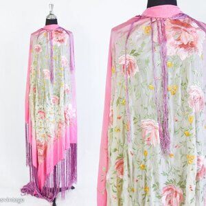 Vintage BEAUTIFUL PIANO SHAWL ANTIQUE SILK EMBROIDERED Ombre Fringe